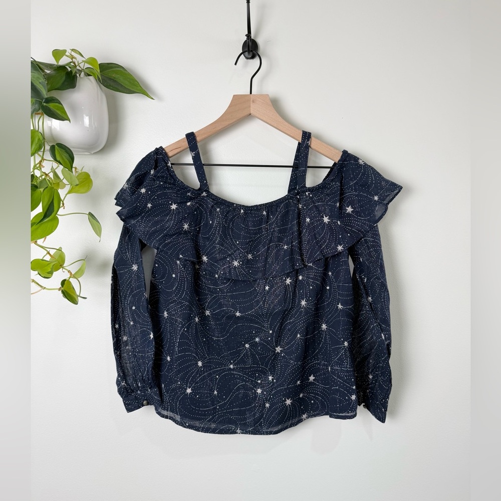 Anthropologie Floreat Star Print Off Shoulder Blouse Navy Cold Shoulder‎ XS